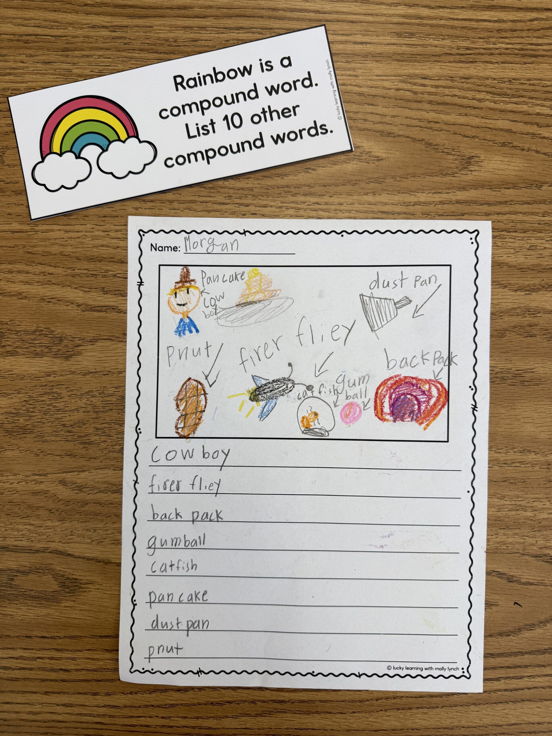 A worksheet titled "Rainbow is a compound word. List 10 other compound words" features a student's handwritten list, creative illustrations, and examples like cowboy and fishfly to help kids learn about compound words.