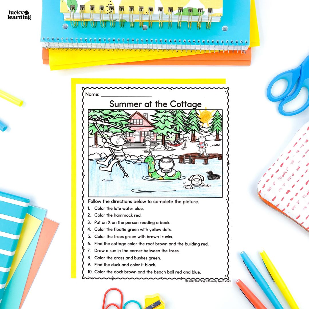 A colored worksheet titled "Summer at the Cottage" shows children playing by a lake near trees and a cabin, with school supplies arranged around the sheet, encouraging following directions as kids complete each activity.