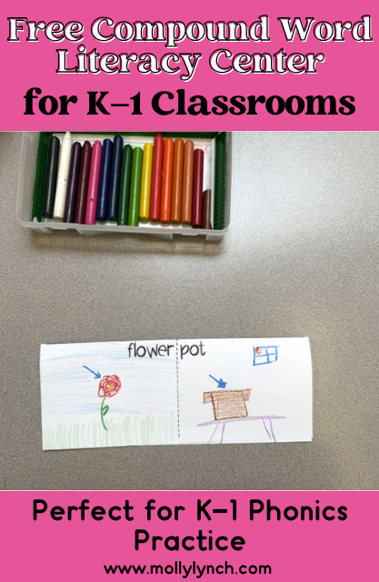 A container of crayons sits above a worksheet featuring drawings that illustrate the compound word "flowerpot," split into "flower" and "pot," perfect for teaching kids about compound words.