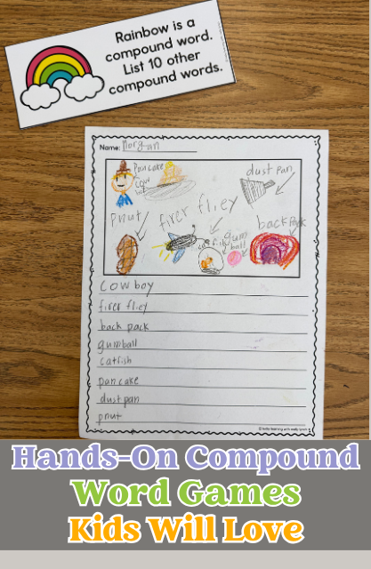 A worksheet titled "Rainbow is a compound word. List 10 other compound words," featuring a child's drawings and a handwritten list of compound words on a wooden desk.