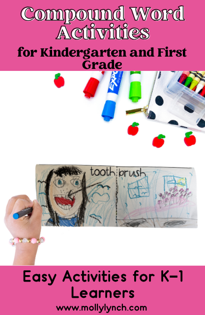 A child draws a picture of a toothbrush in a notebook, surrounded by markers and small apple erasers, with text promoting compound words activities for young learners.