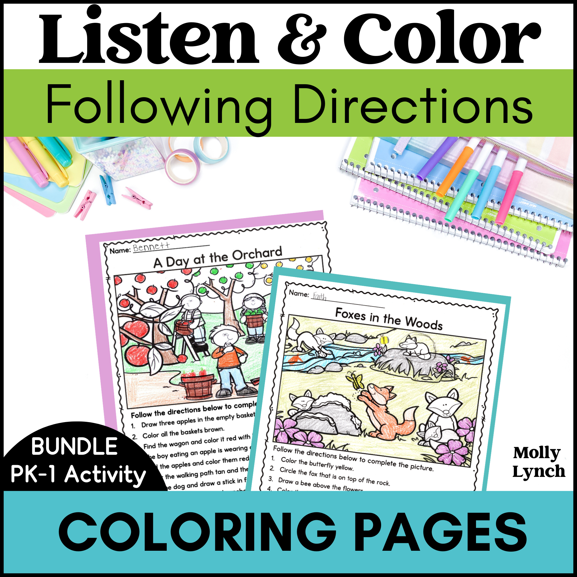 Two illustrated coloring pages, "A Day at the Orchard" and "Foxes in the Woods," surrounded by colored pencils, pens, and markers; text highlights a PK-1 activity bundle with following directions practice.