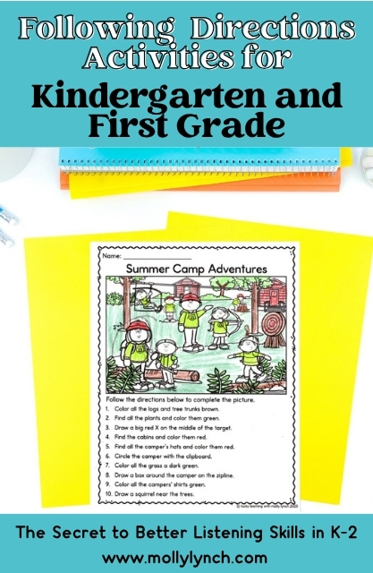 A worksheet titled "Summer Camp Adventures" on yellow paper, with colored pencils and notebooks—perfect for kindergarten and first grade following directions activities.