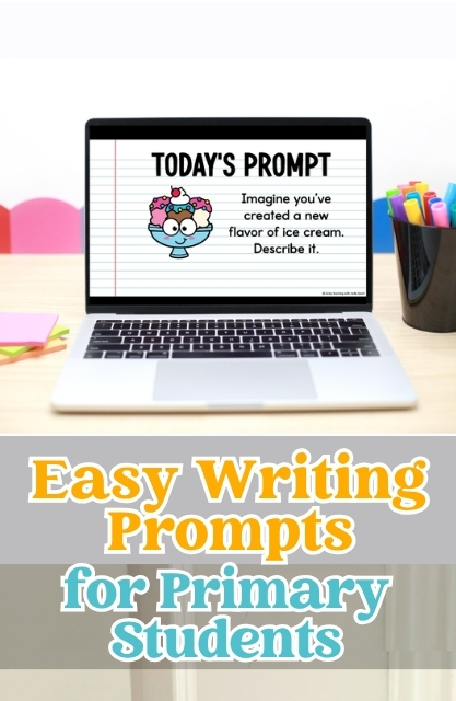 A laptop on a desk displays a writing prompt about creating a new ice cream flavor, designed to inspire even reluctant writers. Text below reads, "Easy Writing Prompts for Primary Students.