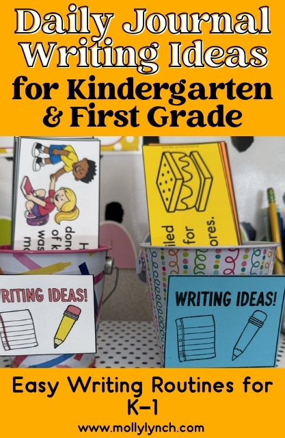 Buckets filled with colorful "Writing Ideas" cards are displayed on a table; text promotes daily journal writing ideas for kindergarten, first grade, and reluctant writers.