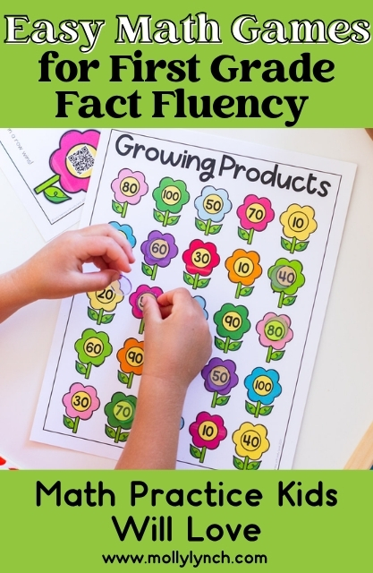 Child's hands using a math fact fluency games worksheet with flowers labeled with numbers, designed for first grade math fact fluency practice.