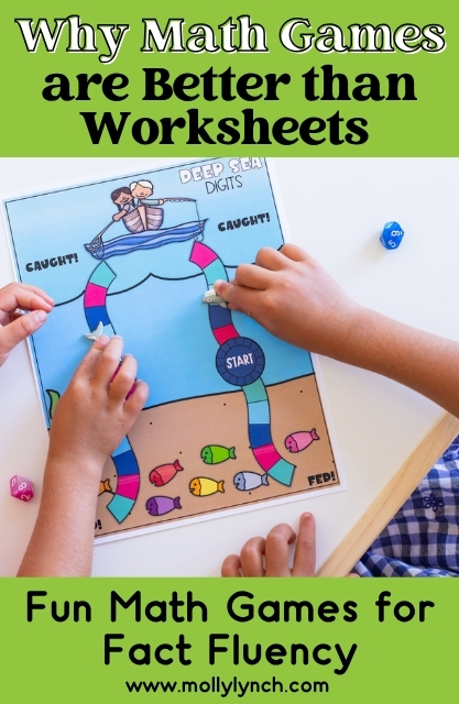 Two children play a math board game with colorful paths and dice. Text above and below promotes math fact fluency games as a more engaging alternative to worksheets for building strong math skills.