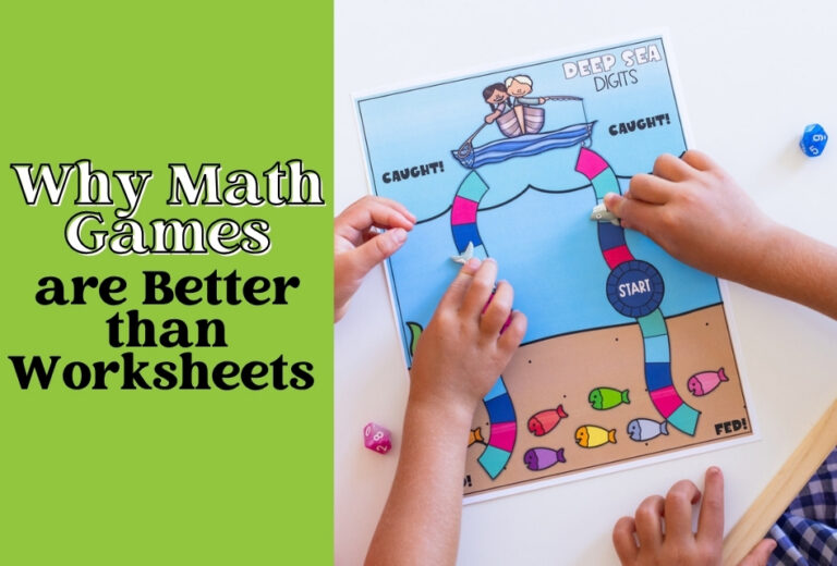 Two children play a colorful math board game called "Deep Sea Digits" with dice and fish pieces, alongside text stating, "Why Math Fact Fluency Games are Better than Worksheets.