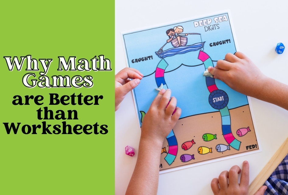 Two children play a colorful math board game called "Deep Sea Digits" with dice and fish pieces, alongside text stating, "Why Math Fact Fluency Games are Better than Worksheets.