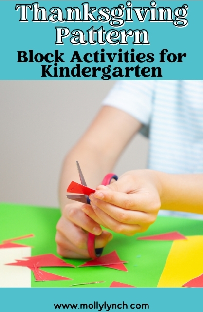 A child cuts red paper shapes with scissors for a Thanksgiving pattern activity, exploring pattern block activities with green and yellow paper on the table.