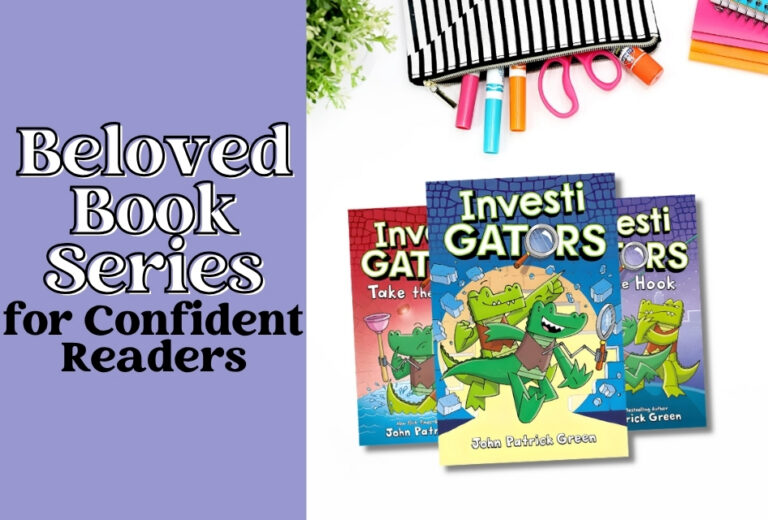 Three InvestiGators books with cartoon alligators on the covers, alongside colorful school supplies, and a text promoting this beloved book series for confident readers.