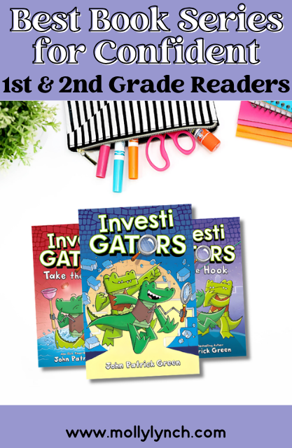 Three "InvestiGators" children's books are shown below text promoting this exciting book series for confident 1st and 2nd grade readers. A pencil case and pens are at the top.