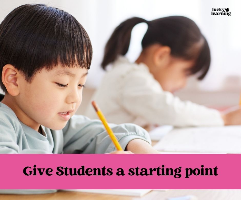 Young boy writing with a pencil at a desk, with a girl in the background, and text saying, “Give Students a starting point”—the perfect way to introduce journal writing prompts for first grade.