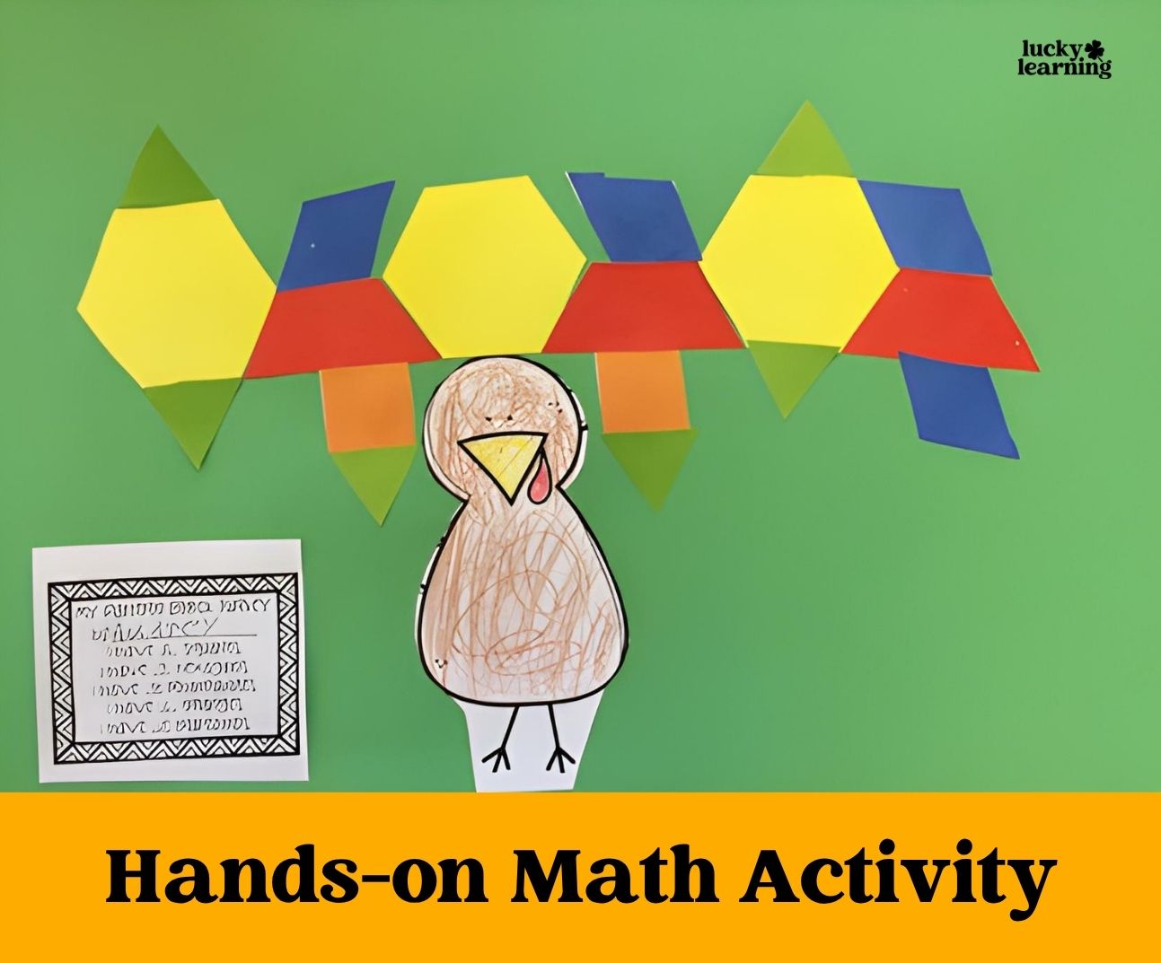 A paper turkey and geometric pattern blocks are displayed on a green background, with a handwritten note beside them. Text reads: "Hands-on Math Activity"—a perfect example of engaging pattern block activities.