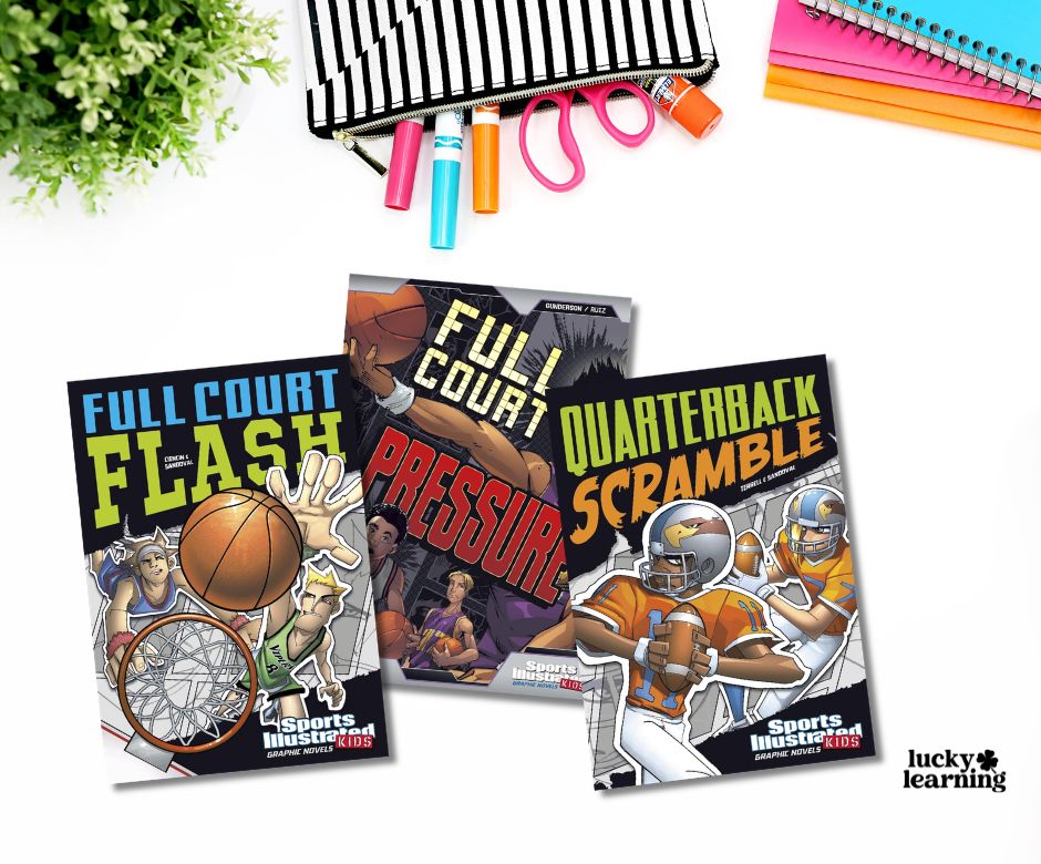Three Sports Illustrated Kids graphic novels from this exciting book series—Full Court Flash, Full Court Pressure, and Quarterback Scramble—are displayed on a white surface with school supplies nearby.