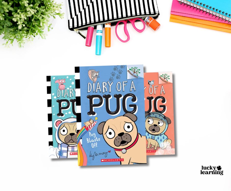 Three "Diary of a Pug" book series titles with cartoon pug covers are displayed on a white surface, surrounded by school supplies and a small green plant.