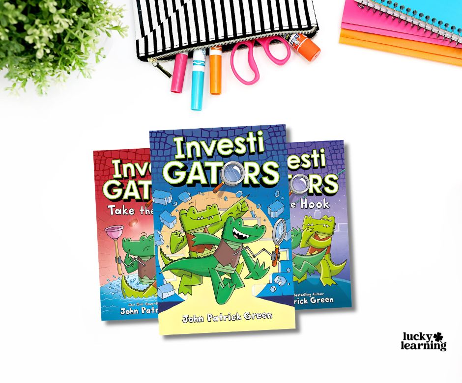 Three books from the InvestiGators book series by John Patrick Green are displayed on a white surface with school supplies and a plant. The book covers feature cartoon alligators in detective-themed illustrations.