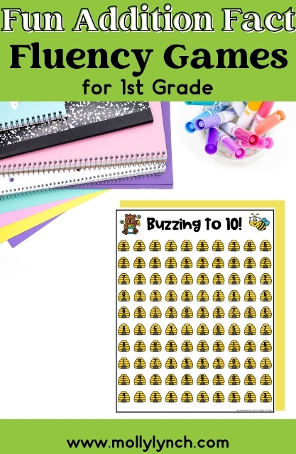 A worksheet titled “Buzzing to 10!” with bee and beehive graphics, shown with spiral notebooks and markers. The text promotes fun addition fluency games for 1st grade, helping young learners build fact fluency in a playful and engaging way.