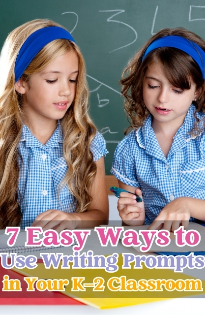 Two young girls in blue checkered uniforms write at a desk in a classroom with a chalkboard behind them. Text overlay discusses using journal writing prompts for first grade in K-2 classrooms.