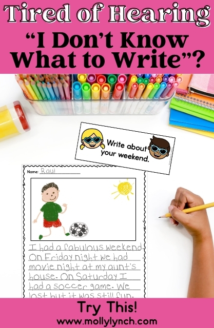A child’s hand writes about their weekend on a worksheet under the prompt “Write about your weekend,” surrounded by colorful school supplies and text about helping kids with writing ideas and journal writing prompts for first grade.