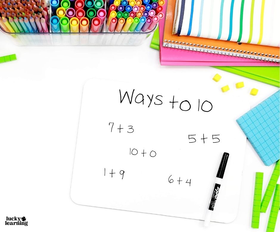A whiteboard shows the title “Ways to 10” with equations 7+3, 1+9, 5+5, 10+0, and 6+4—perfect for building fact fluency. Colorful pens, notebooks, and math manipulatives are nearby.
